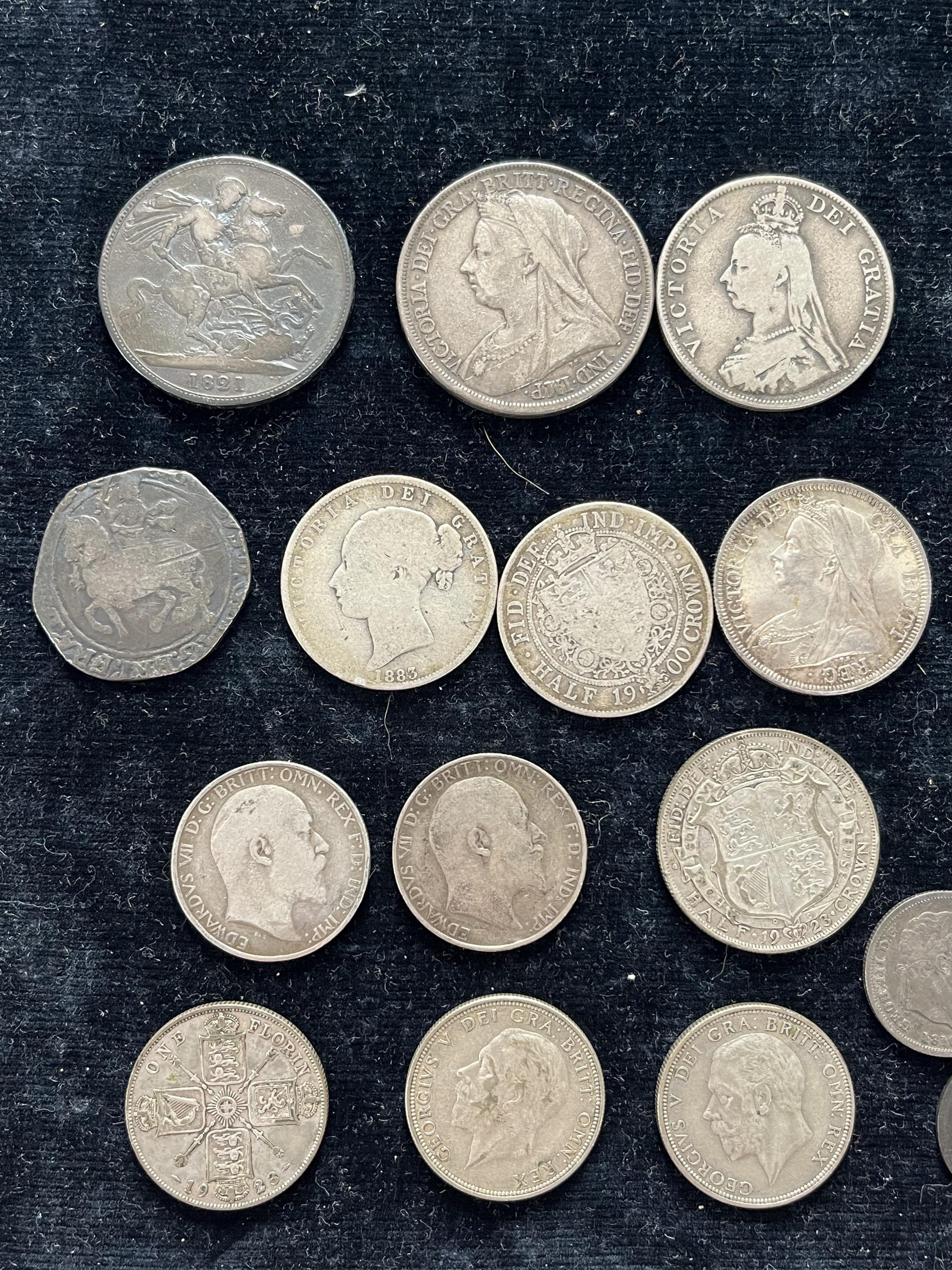 British silver coins, Charles I to George V, including Charles I halfcrown (clipped), George IV crown 1821, Victoria- crown 1893, double florin 1889, halfcrowns, 1883, 1899 (about EF), 1900, shilling 1897, VF, two Edward